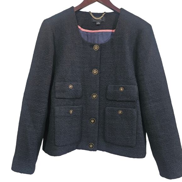 JCrew Jackets & Blazers - J.Crew Lady Jacket in Black Maritime Tweed Wool Blend Collarless Blazer Size 14